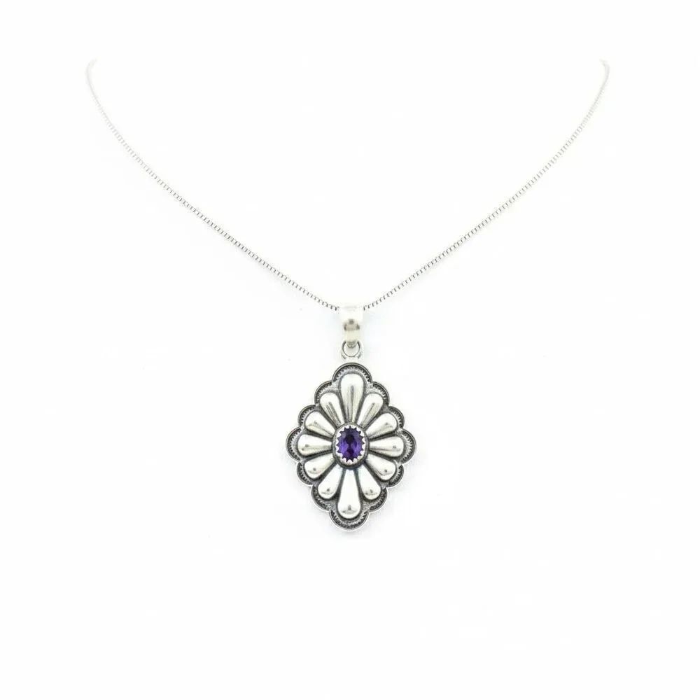 Western Purple Mojave Turquoise Sterling Silver Pendant Necklace Concho Flower